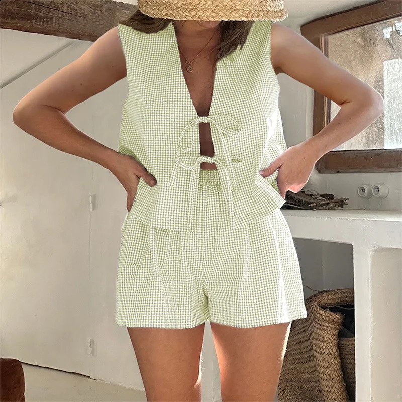 Women 2-Piece Shorts Set Plaid Print Lacing V-Neck Sleeveless Tank Tops Elastic Waistband Shorts Loungewear Outfits 250319