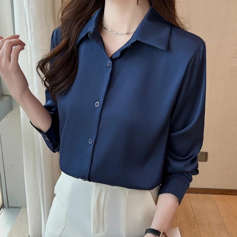 Spring Autumn Elegant Satin Womens Blouse 2025 Long Sleeve Single Breasted Korean Casual Loose Office Shirts Female 250318
