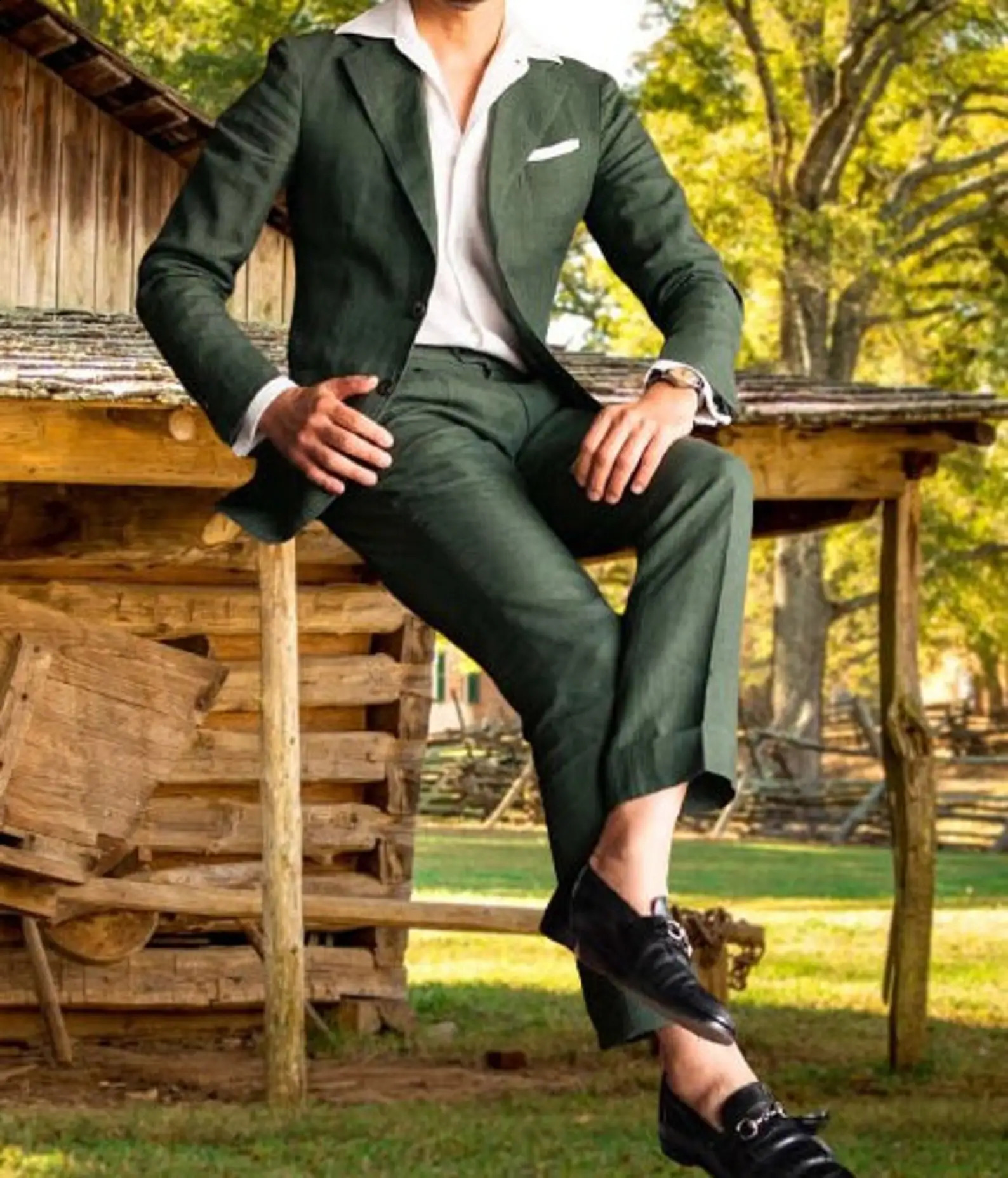Green Linen Male Suits Wedding Tuxedo Business Fashion Blazer Sets Custom Made Two Pieces JacketPants Jacket 250311