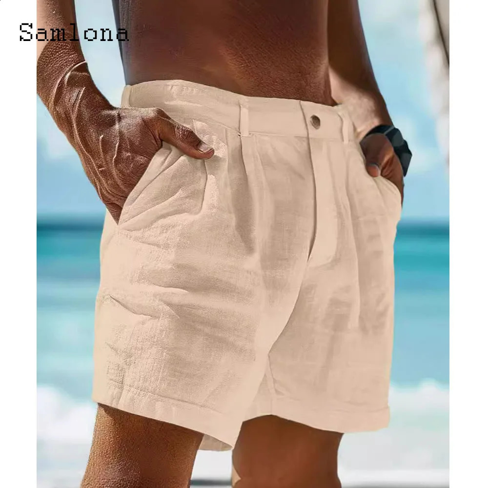 Mens Vintage Stand Pocket Cotton Linen Shorts 2024 European Style Casual Beach Short Pants Solid White Khaki Button Fly pants 250317