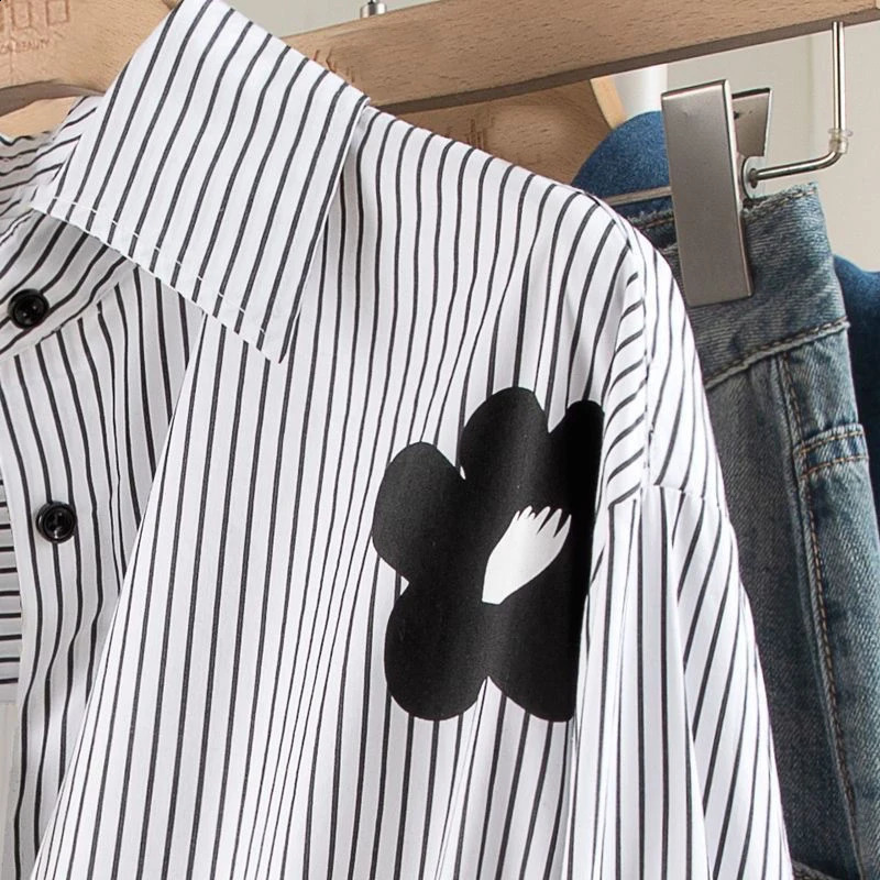 Collar striped long sleeved loose shirt and top casual single chest white streetwear womens 250319