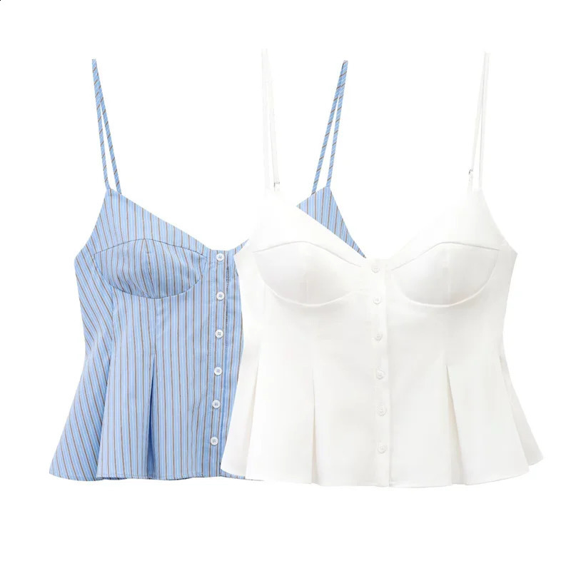 Fashion Womens Camisole Tops Summer Causal Sleeveless Striped Strap Shirts High Street Ladies Folds Hem Tops 250314