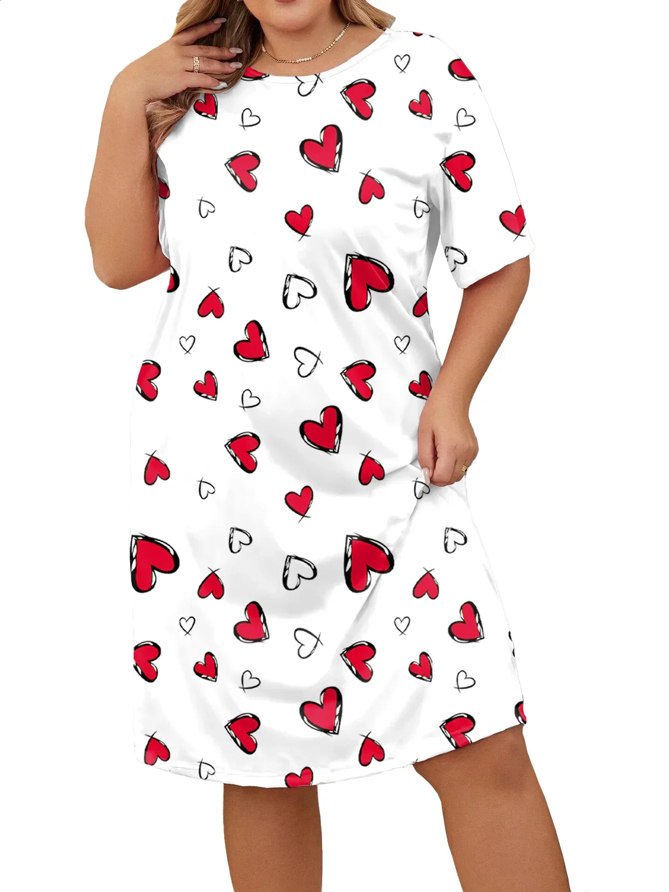 Plus size womens 1X5XL springsummer short sleeved butterfly heartshaped leopard print large and round neck dress 250319