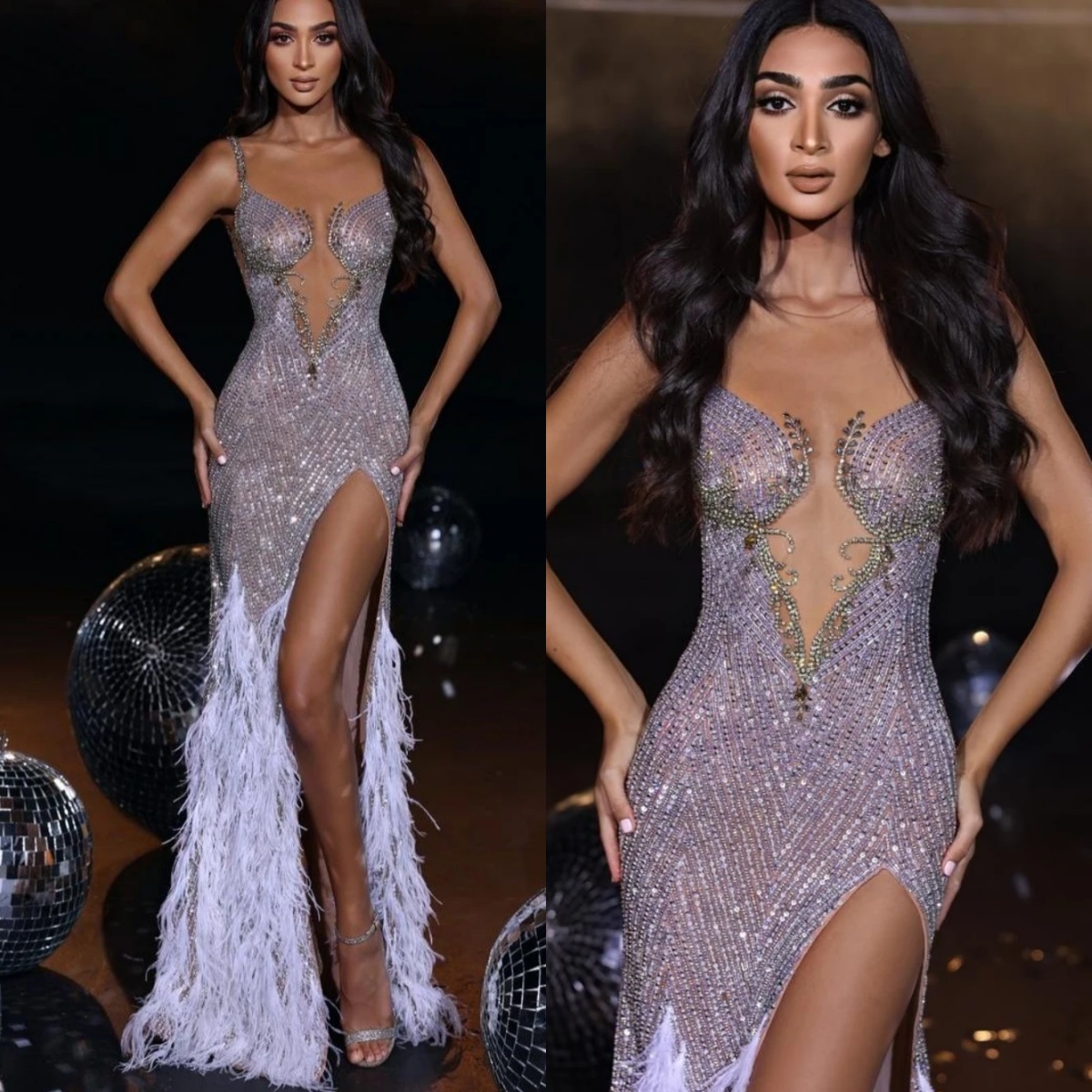 Sexy Evening Dresses For Women Sheer Neck Sleeveless Gown Sequins Crystal Feather Split Side Sweep Train Party Customized Dress