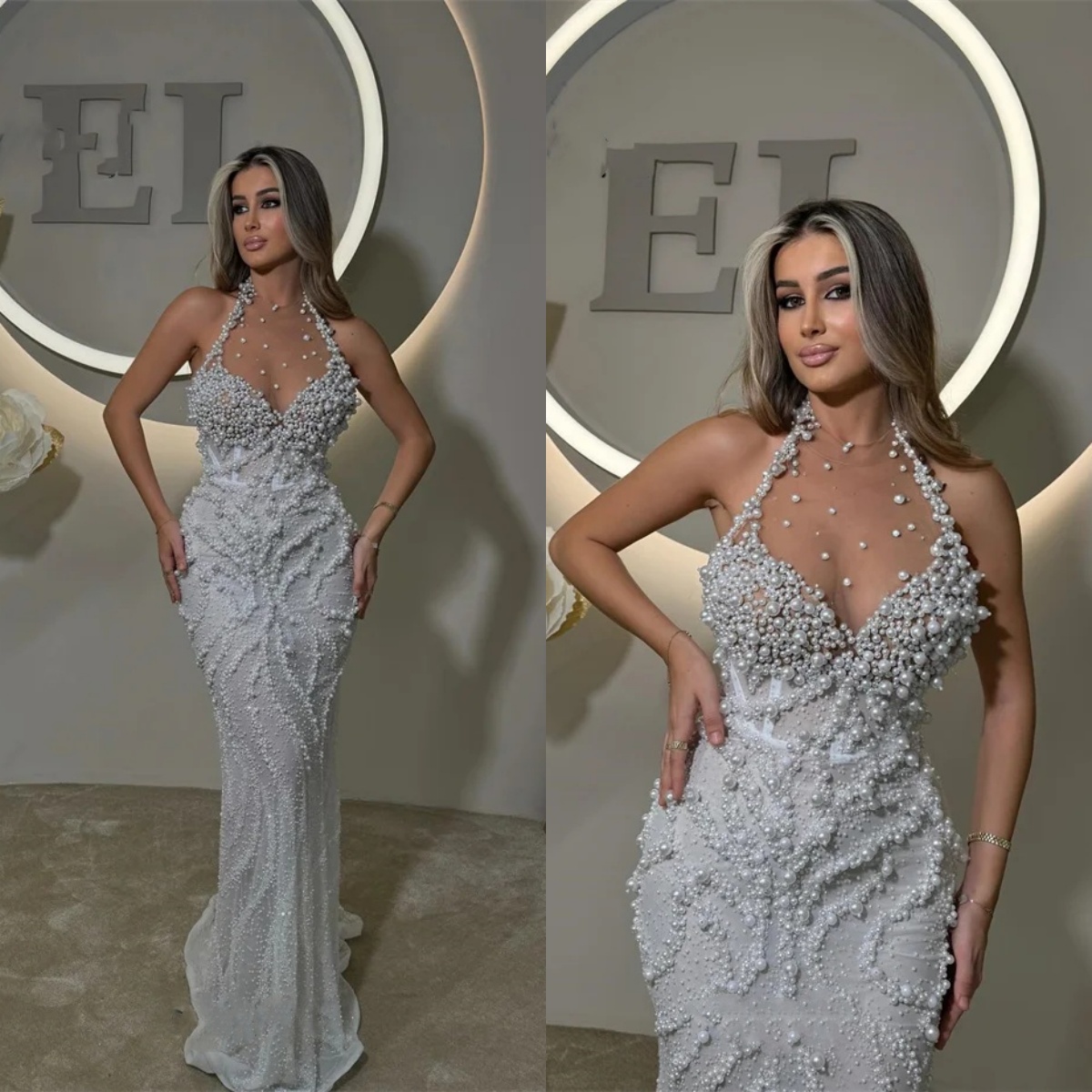 Mermaid Wedding Dress Halter Neck Sleeveless Bridal Gowns Pearls Sequins Sweep Train Dresses Custom Made vestidos de novia