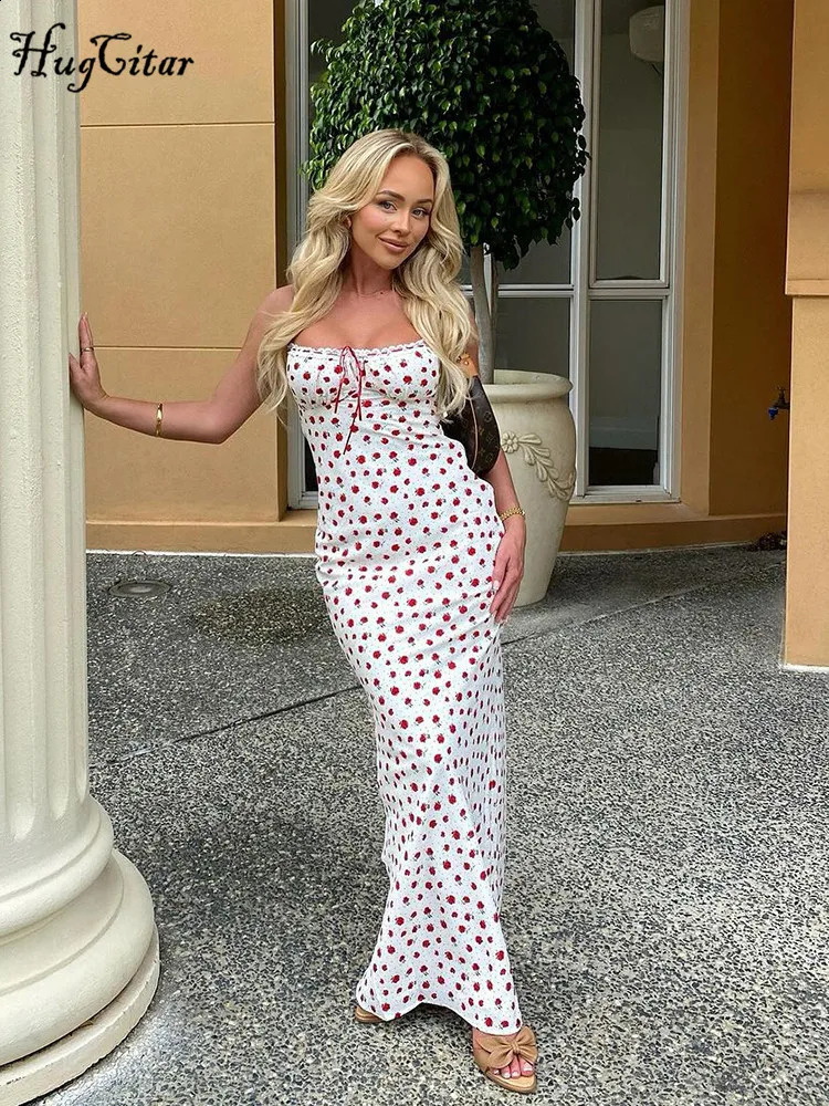 Hugcitar Elegant Floral Print Slips Backless Sexy Bodycon Maxi Prom Dress Summer Women Outfits Birthday Party Festival Y2K 250319