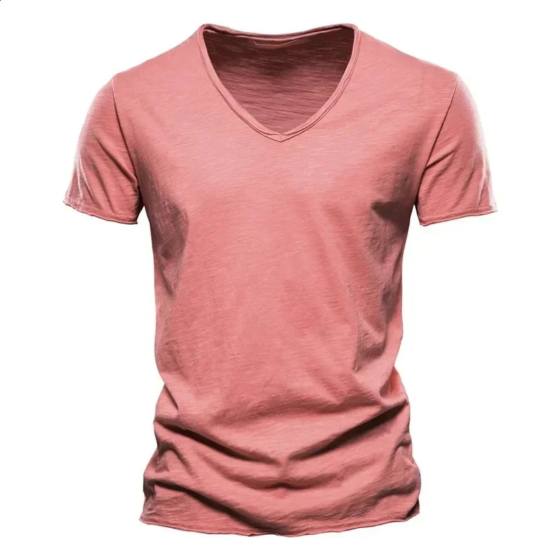 2024 Summer Mens Solid Color Vneck Pure Cotton Short sleeved Tshirt Selling 250318