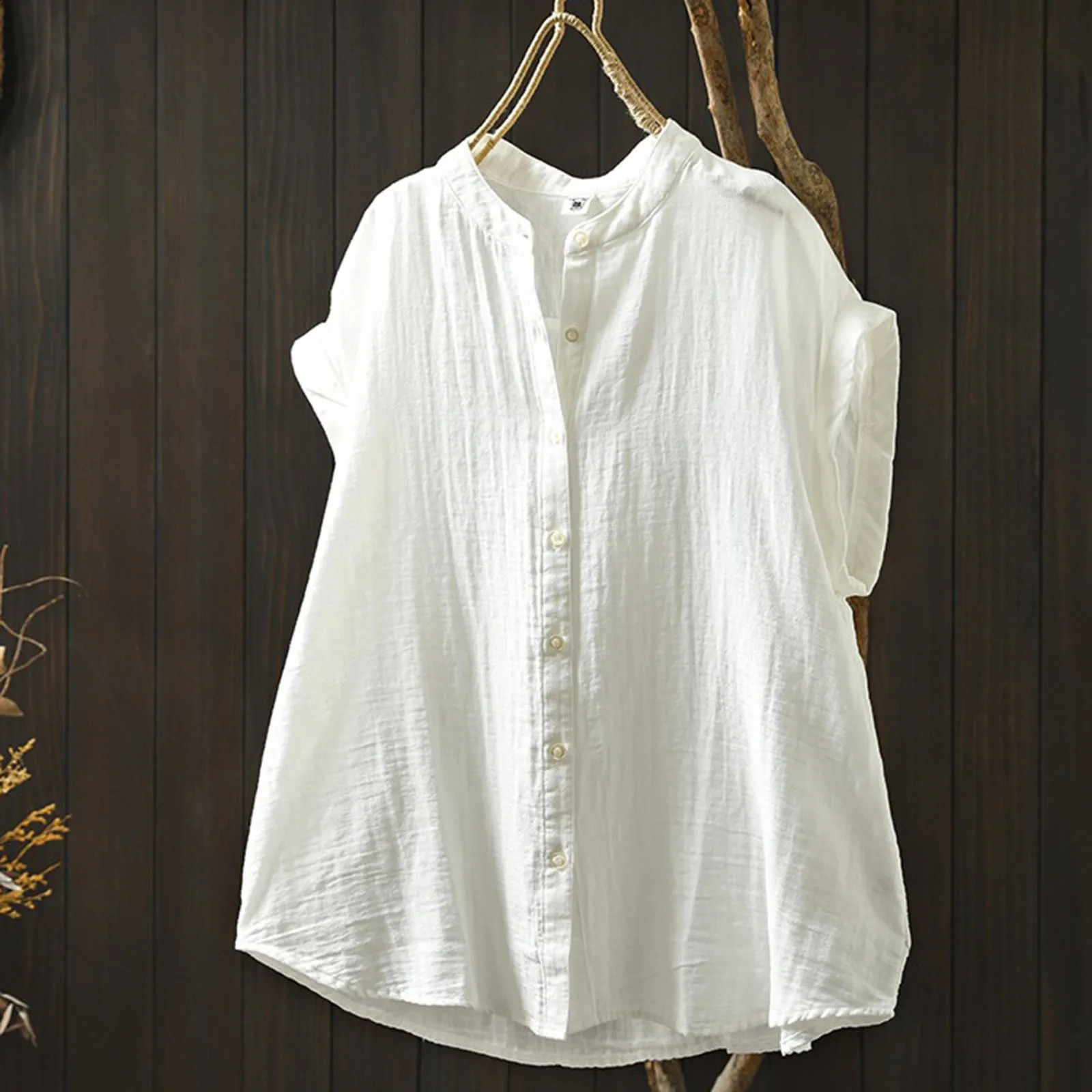 Retro cotton linen shirt womens fashionable streetwear short sleeved collarless summer shirt womens breathable and comfortable top 250318