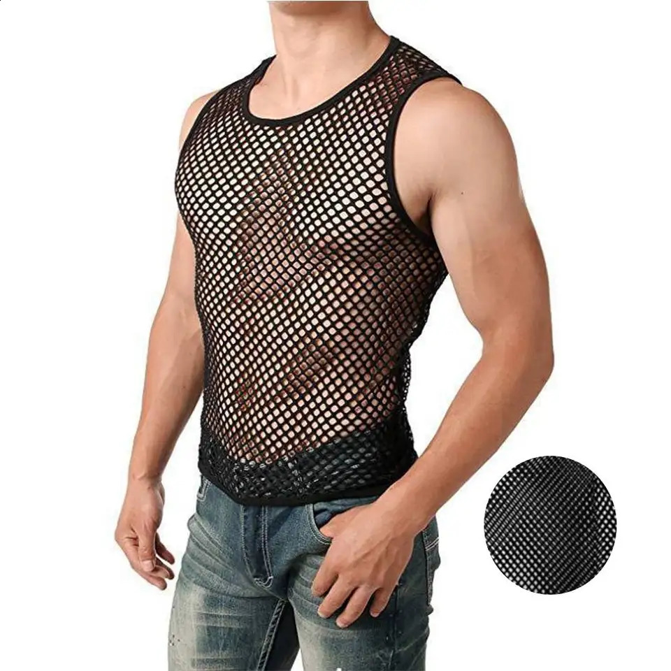 Mens Sexy Tank Top Transparent Mesh Undershirt Fishnet Vest String Sleeveless Shirts Male See Through Night Clubwear Slim Sport 250319