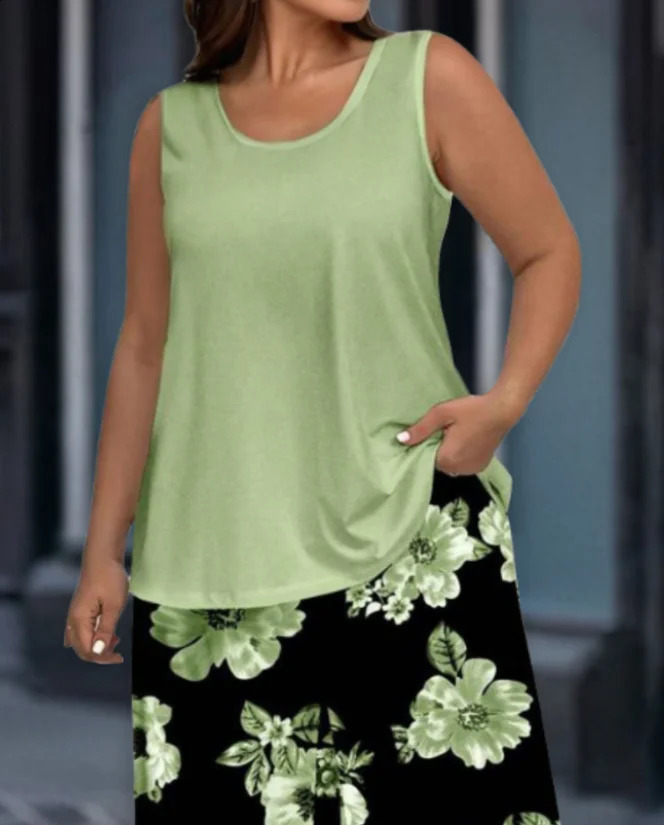 Fashion 2025 Summer 2 Pieces Sets Womens Outfit Round Neck Sleeveless Tank Top and Casual Floral Print Pants Set 250318