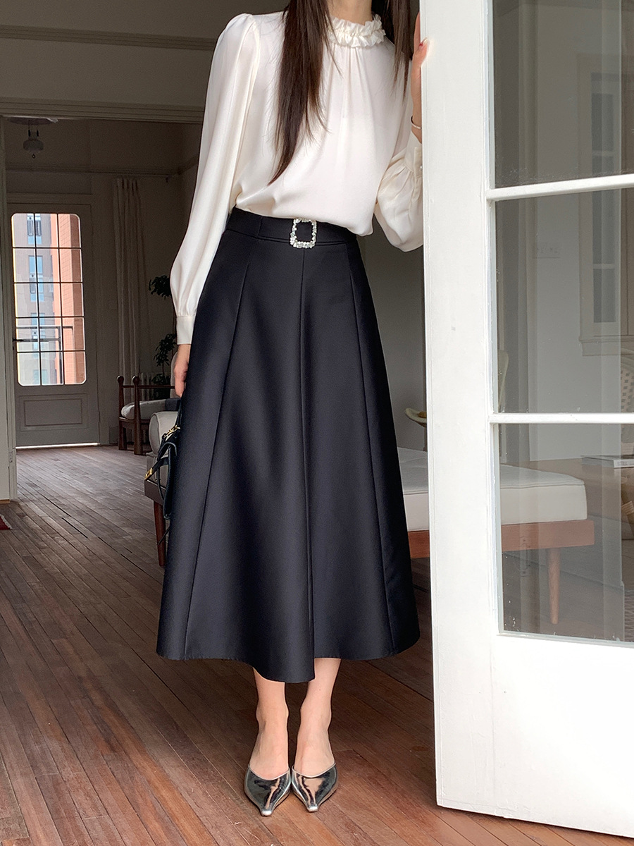 D99 New Early Spring Black Skirt Women's High Waist Loose Korean Style All-match Midi Long