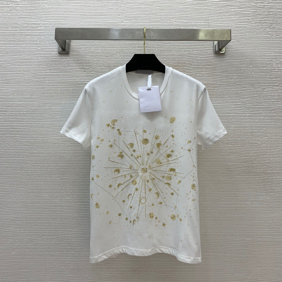 2025 White designer t shirt Runway Gold Logo Letter Embroidery Crystals t shirts women 31912