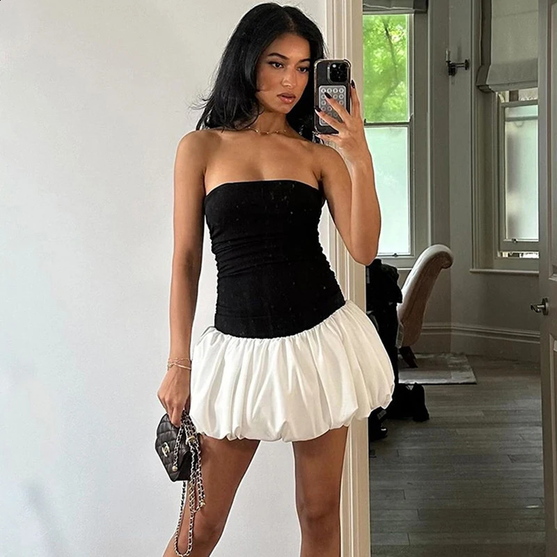TARUXY Contrast Color Mini Folds Dress For Women Strapless Sexy Slim Sleeveless Ruched Splice Y2K Beach Female Club Party Dress 250319