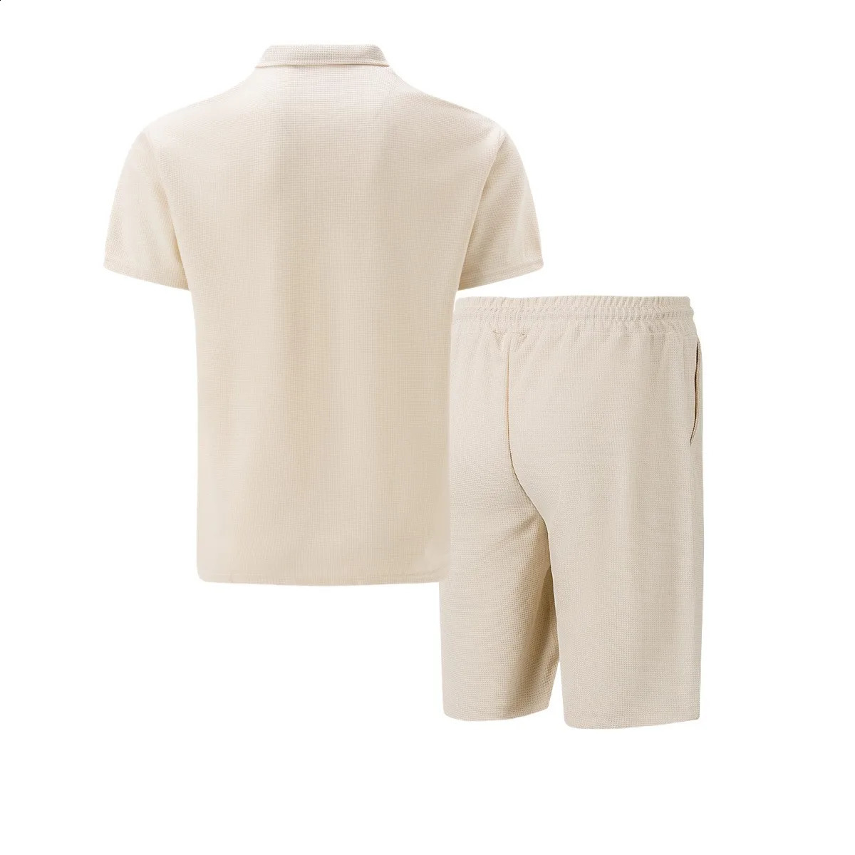 Mens European and American Summer Waffle Solid Color Zipper Collar Short Sleeve Set Two Sets 250318