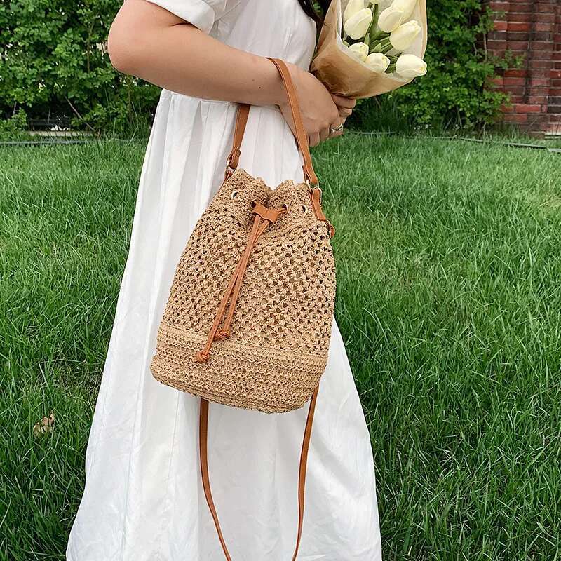 Woven Straw Ladies Bucket Crossbody Summer Beach Bag Retro Shoulder Bags Small Travel Purse And Handbag For Women