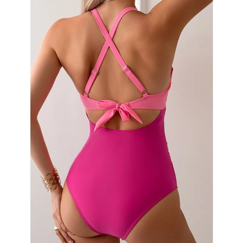 Sexy solid jumpsuit womens bikini set waist full naked swimsuit womens fashionable cross back swimsuit women 250318