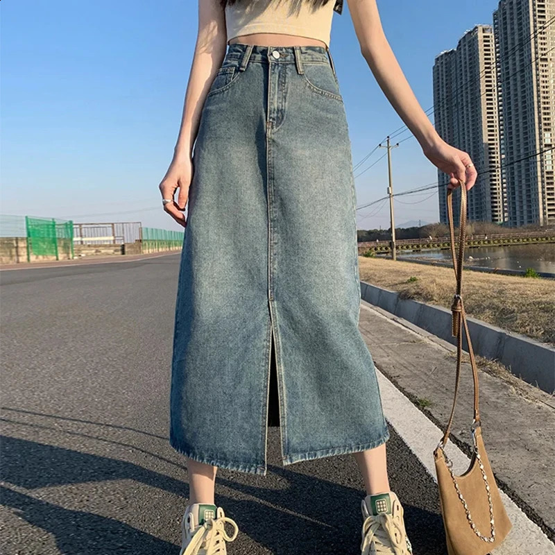 Summer High-waist Slit Denim Skirt For Women Washed Retro A-line Skirt Hip-covering Straight Long Skirt 250317