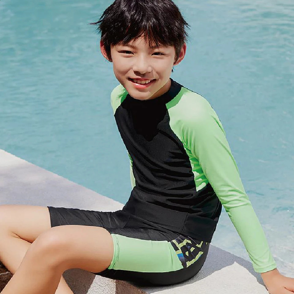 Boys Two Piece Rash Guard Swimsuits Kids Long Sleeve Sunsuit Swimwear Sets Boys Swimsuits UPF50UV Swimwear Kids 7-14 Years 250319
