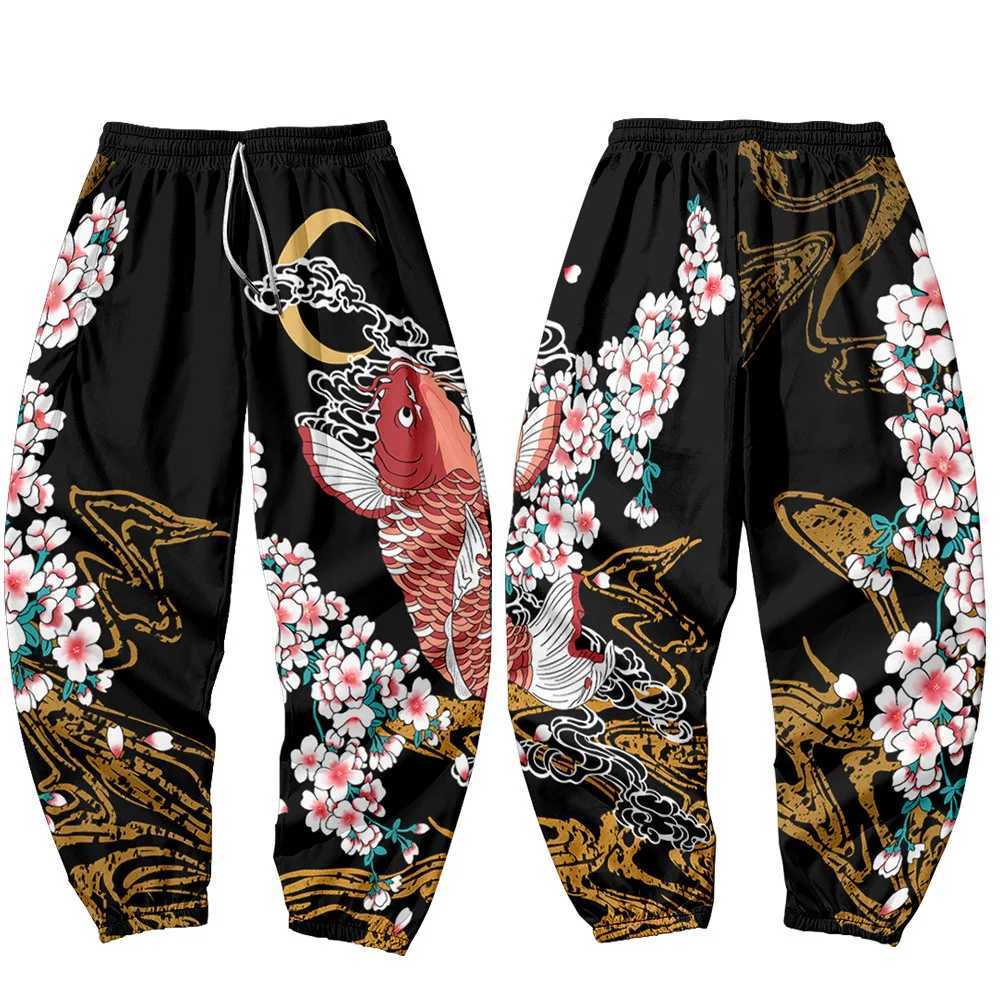 Japanese Style Fish Sakura Print Sweatpants Men Multi Pocket Long Cargo Pant Harajuku Jogger Trousers Streetwear Pants X250319
