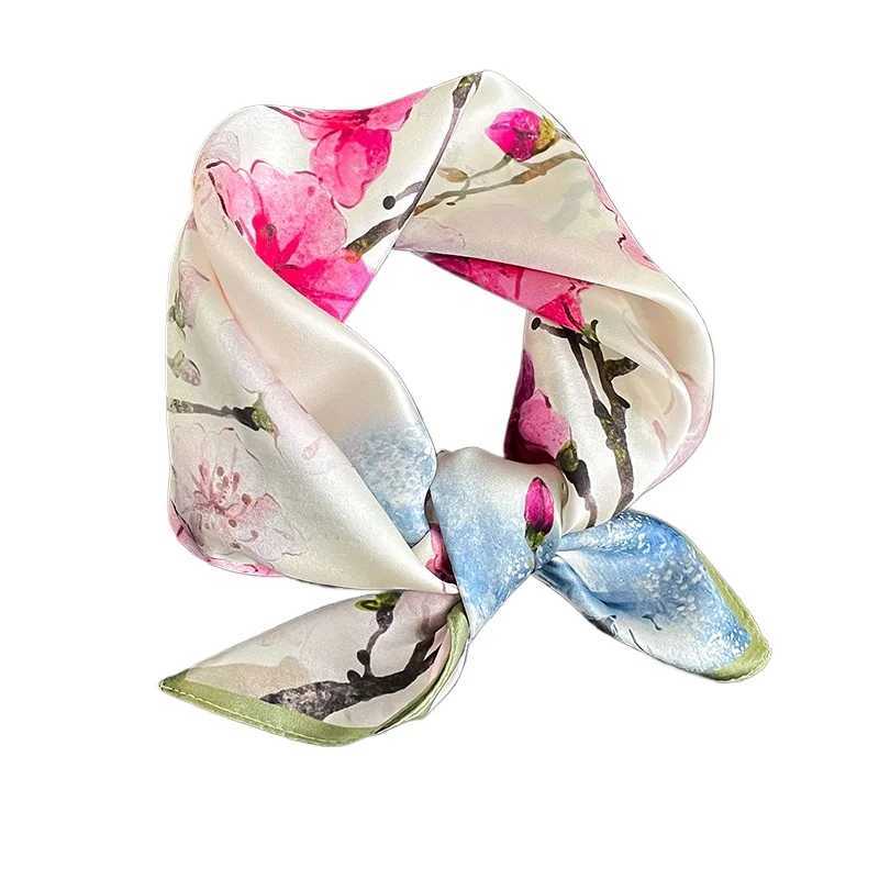 53cm natural silk scarf with collar and collar foard Bandana small hair fashionable floral tie for women 2024 new item X250319