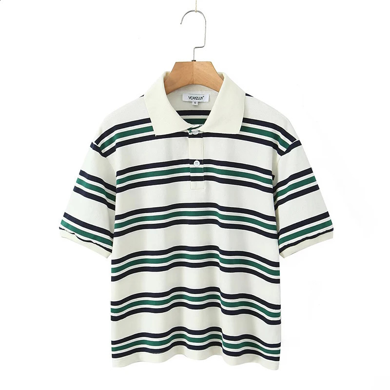 Willshela Women Fashion With Button Striped Pullover Shirts Vintage Polo Neck Short Sleeves Female Chic Lady Tops 250318