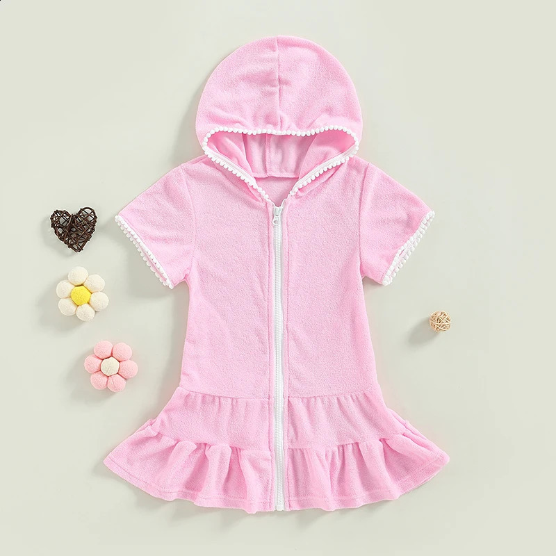Yiiciovy Summer Kids Girls Swim Hooded Cover Up Terry Bathing Suit Beach Cover-Up Short Sleeve Zip Up Beach Dress for Kids 250319