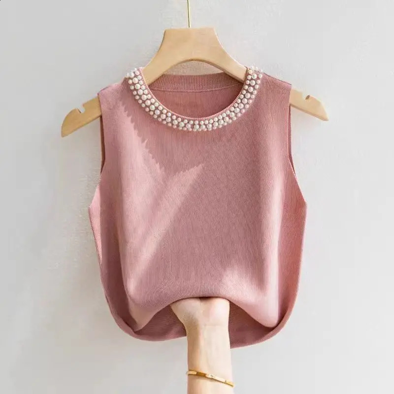 Korean elegant and chic office womens sleeveless Oneck bead knitted vest basic matching pearl 250319