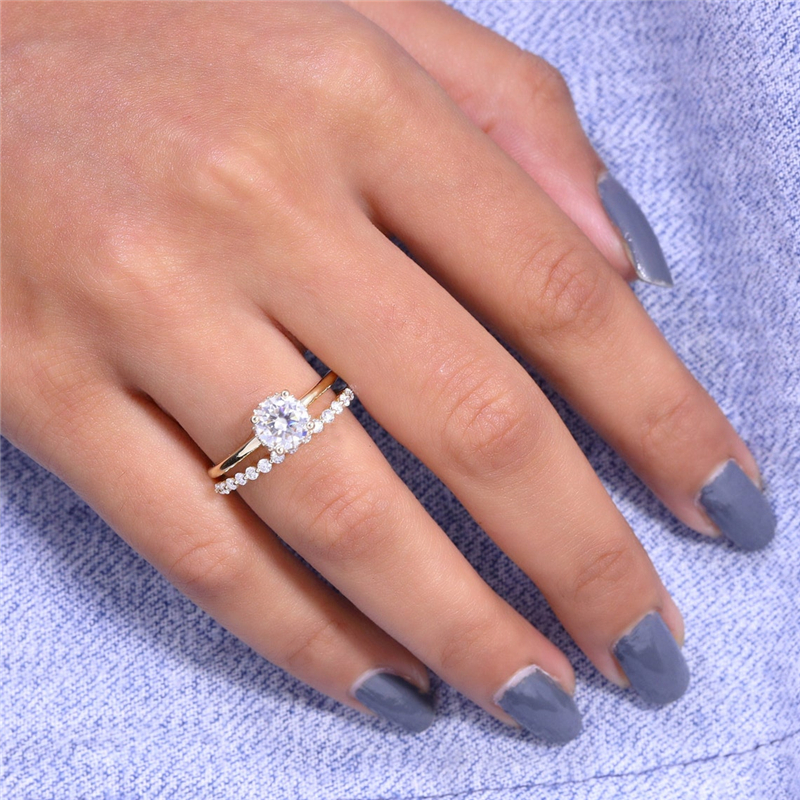 Jewelry 1.00 CT Round IGI Lab Grown Diamond Bridal HPHT Ring Set Real Yellow Gold Round Diamond Hidden Halo Ring Engagement Ring For Women