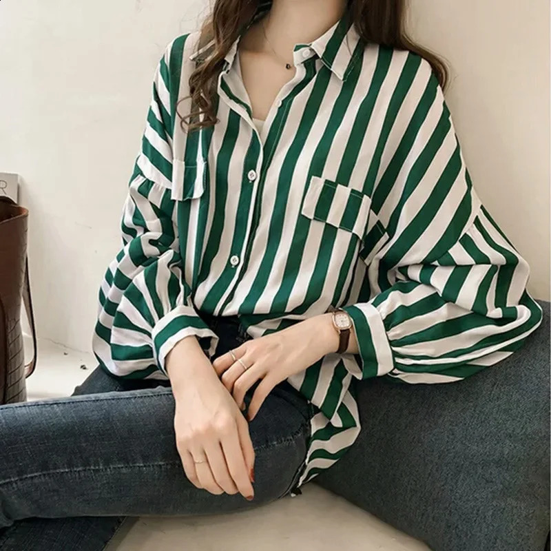 French office ladies trend casual collar vertical striped shirt and womens pocket long sleeved top 250318