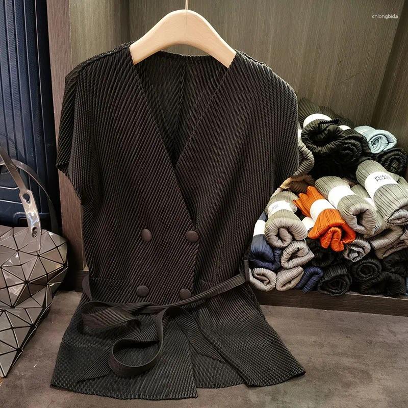 Women's Vests Miyake Pleated Jacket Premium Feeling Button Pleat Top Peplum Loose Slim Short Sleeve Fold Women 2025 Summer