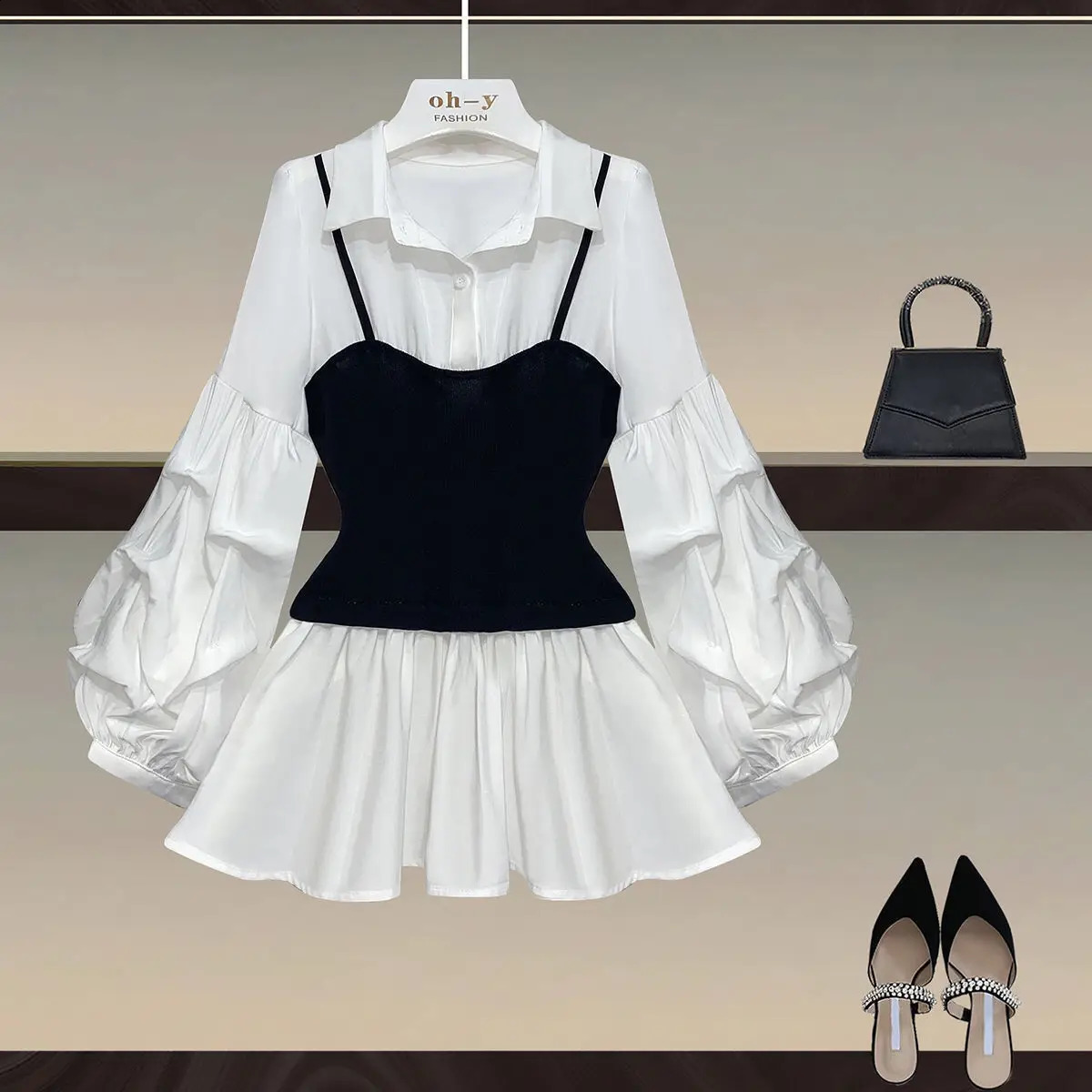 Spring Elegant Patchwork Waist Slimming Lantern Sleeve Splicing Twopiece Shirt Blouse OL Lapel Allmatch Top 250319
