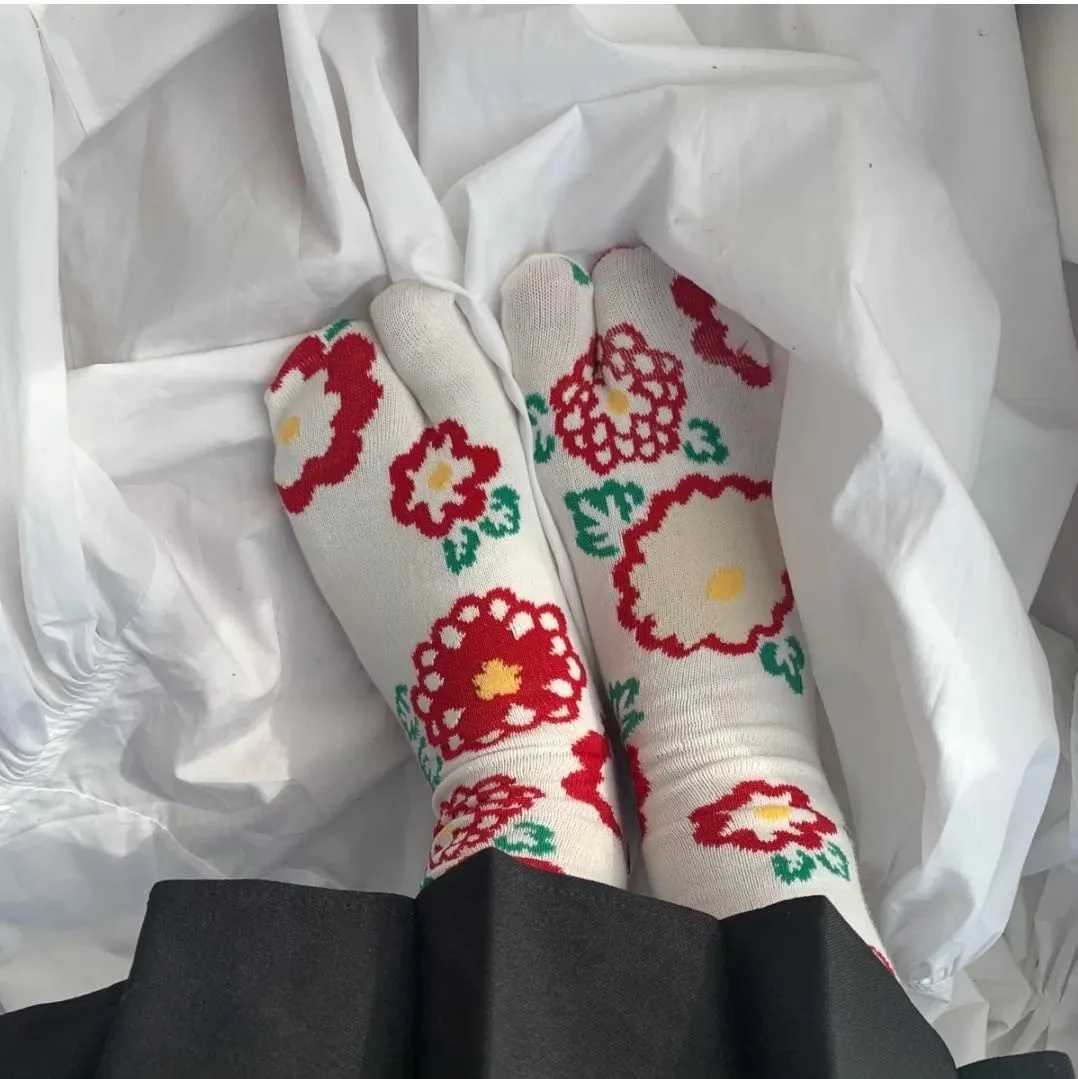 Japanese multi-color jacquard carrot chestnut flower literary cute two-toe socks middle tube or split toe socks tide socks X250319