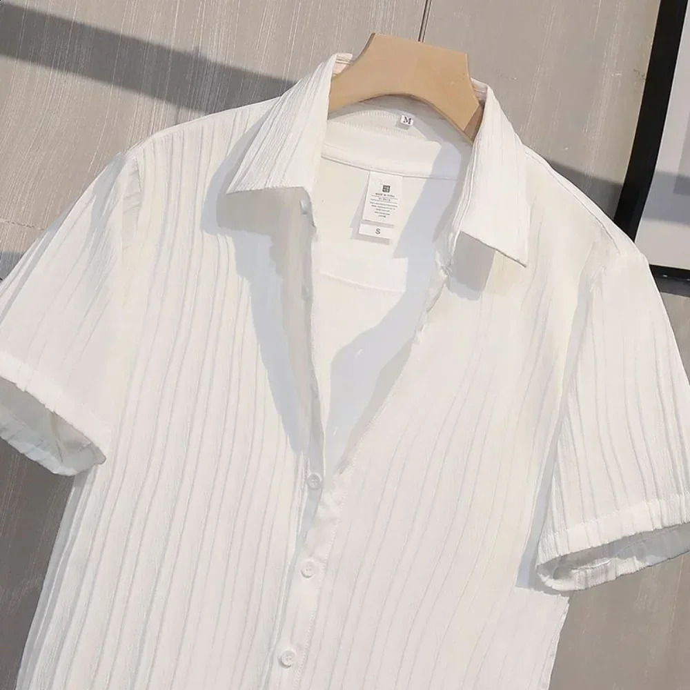 Collar mens summer shirt short sleeved lightweight casual shirt striped Korean style top cool 250317