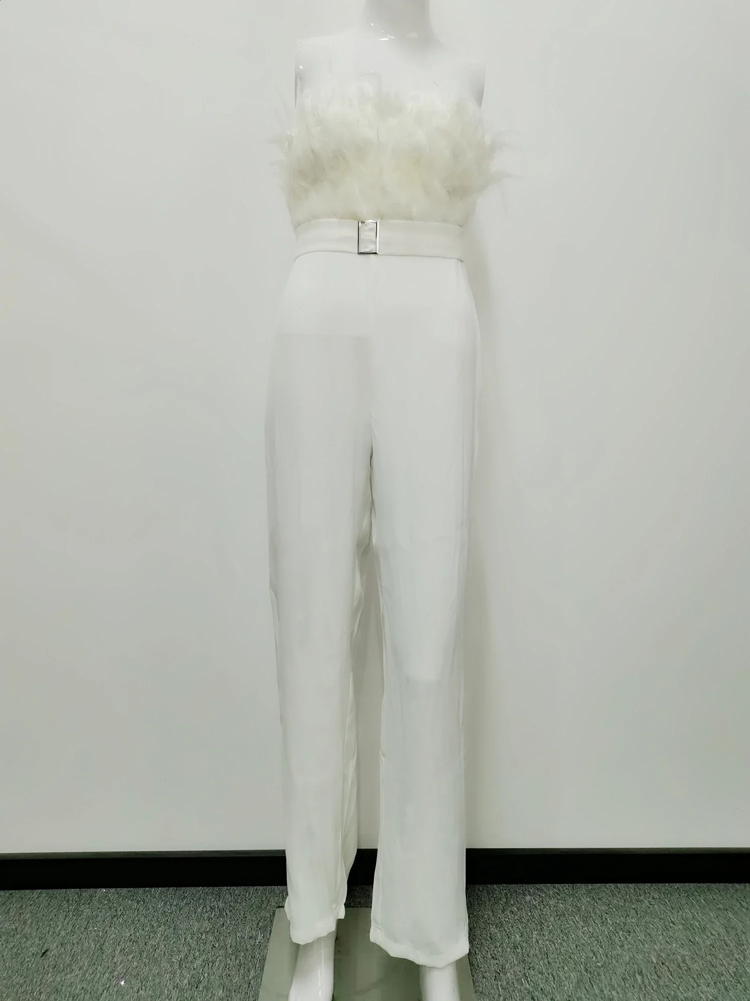 Elegant Jumpsuit Women Long One Piece Strapless White Slash Neck Feather Y2k Top Sexy Wedding Party Night Evening Rompers Summer 250319