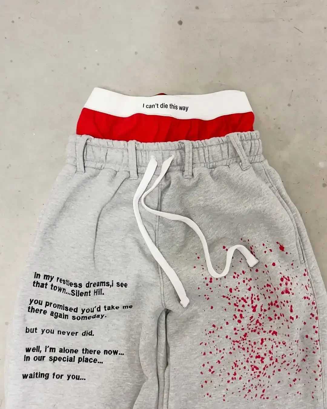 Y2K New Retro Double Waist Pants Street Fashion Red Stain Design Pants Men Hip hop Gothic Harajuku Loose Drawstring Sweatpants X250319