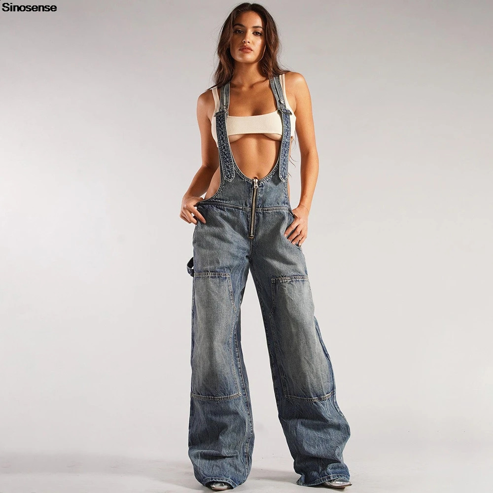 Womens Denim Bib Jumpsuits Casual Sleeveless V Neck Adjustable Straps Loose Baggy Cargo Jean Overalls Y2K Jumpers With Pockets 250319