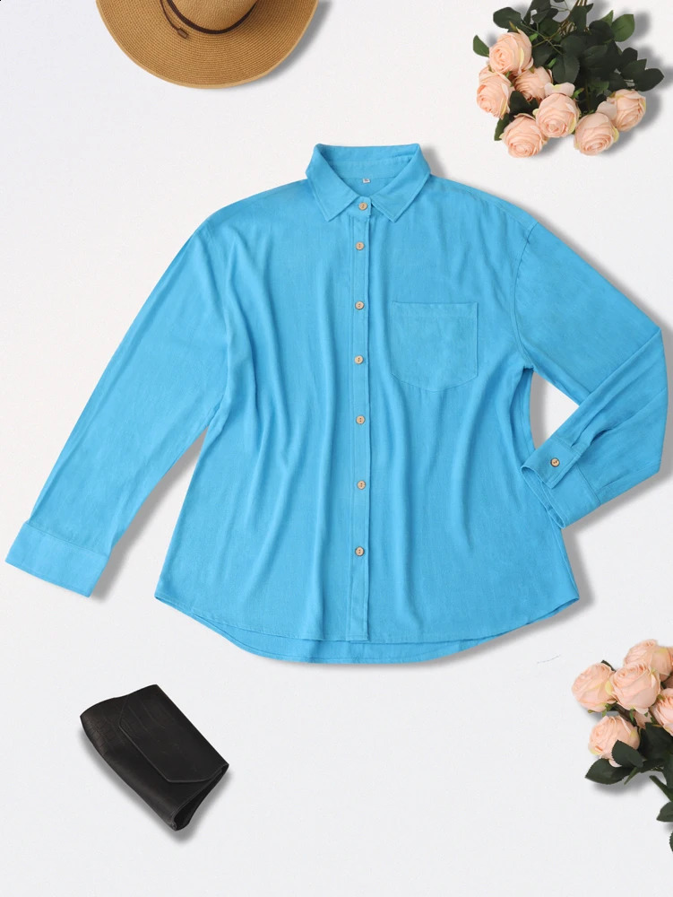 2025 SpringSummer Womens Long Sleeve Collar Button Regular Edition Solid Color Cotton Linen Shirt 250319