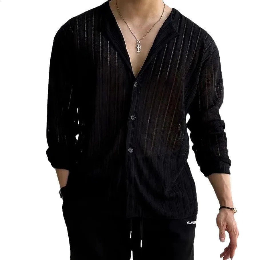 Large mens V-neck sexy knitted cardigan solid color long sleeved hollow polo shirt mens top 250317