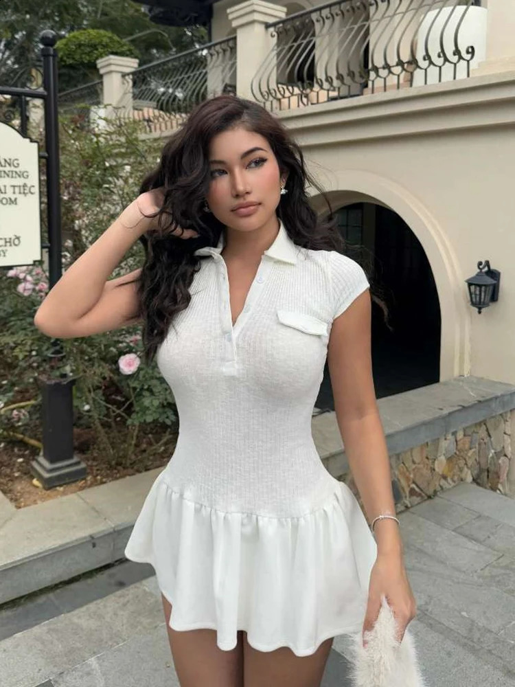 Nibber 2025 Summer Trend Women Dress Elegant Simple Patchwork PoloNeck Short Sleeve Ruffles Hem Stretch Streetwear Mini Bodycon 250319