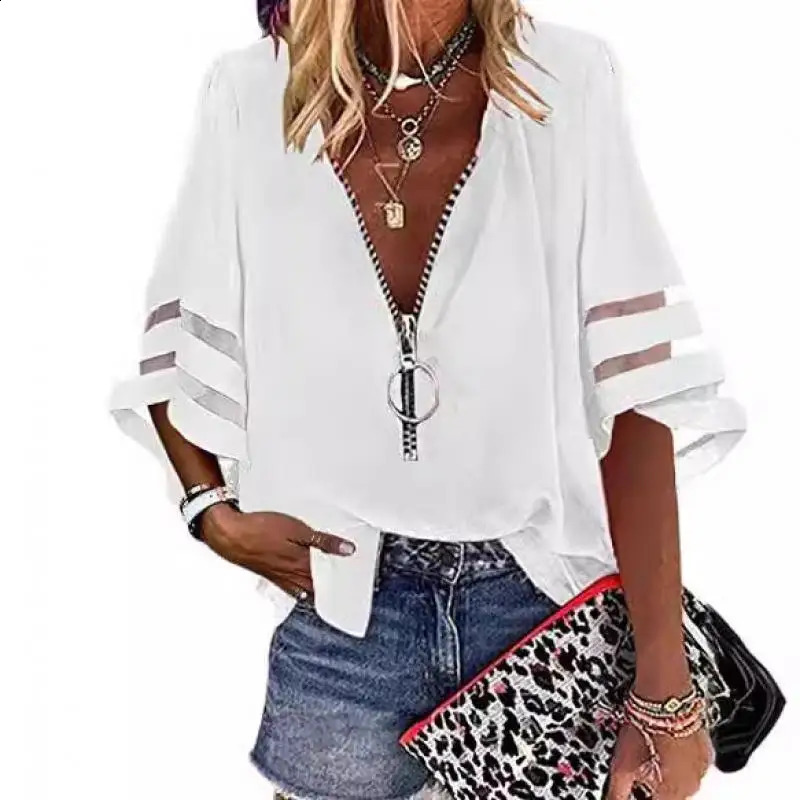 Womens casual loose Vneck half flat sleeve shirt for spring and summer 2025 womens spliced zipper solid 250319
