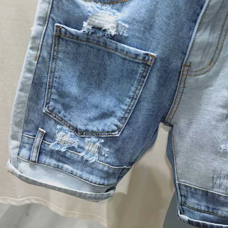 Mens denim shorts patchwork mens shorts open collar straight Harajuku original hip-hop denim bag Korean summer fashion W250319