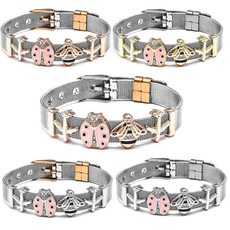 High Quality 10mm Stainless Steel Mesh Bracelets With Bees Beads Charm Keeper Bracelets Bangles For Women Fashion Jewelry Gift