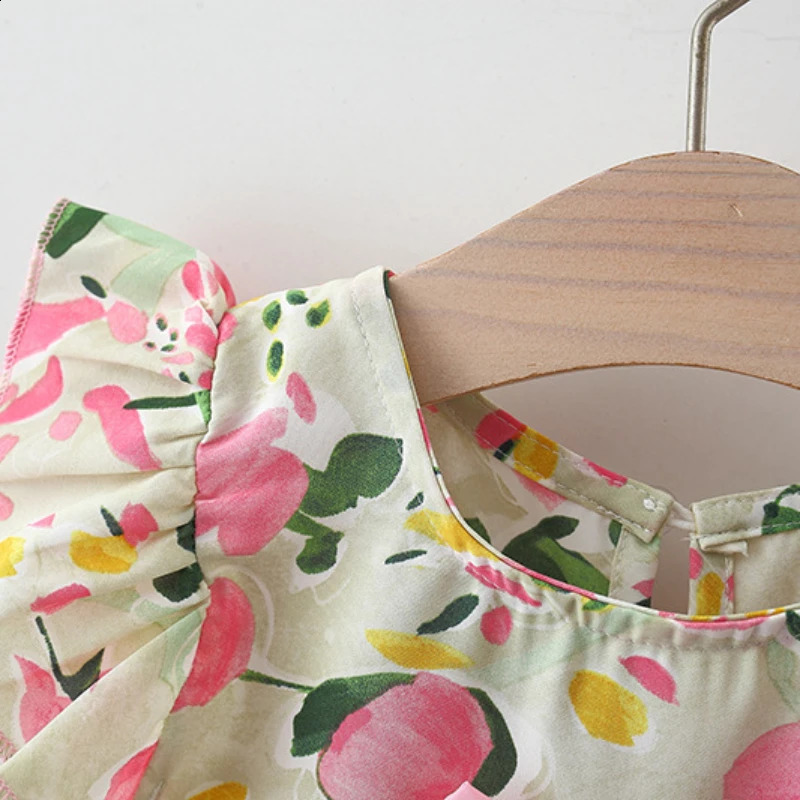 03 years old Summer girl peach print bow sleeve top and shorts set cute cotton twopiece for girls 250319