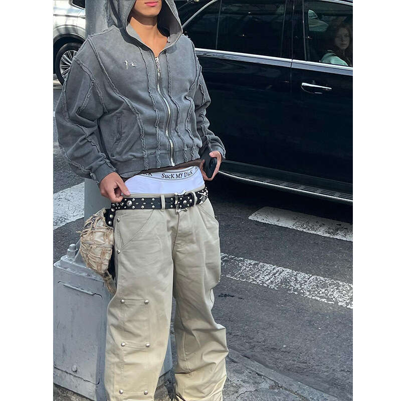 THUG CLUB VIBE Wash Wax Dyed Zipper Shark Masked Hooded Cardigan Short Hoodie Men's Trendy Brand Coat
