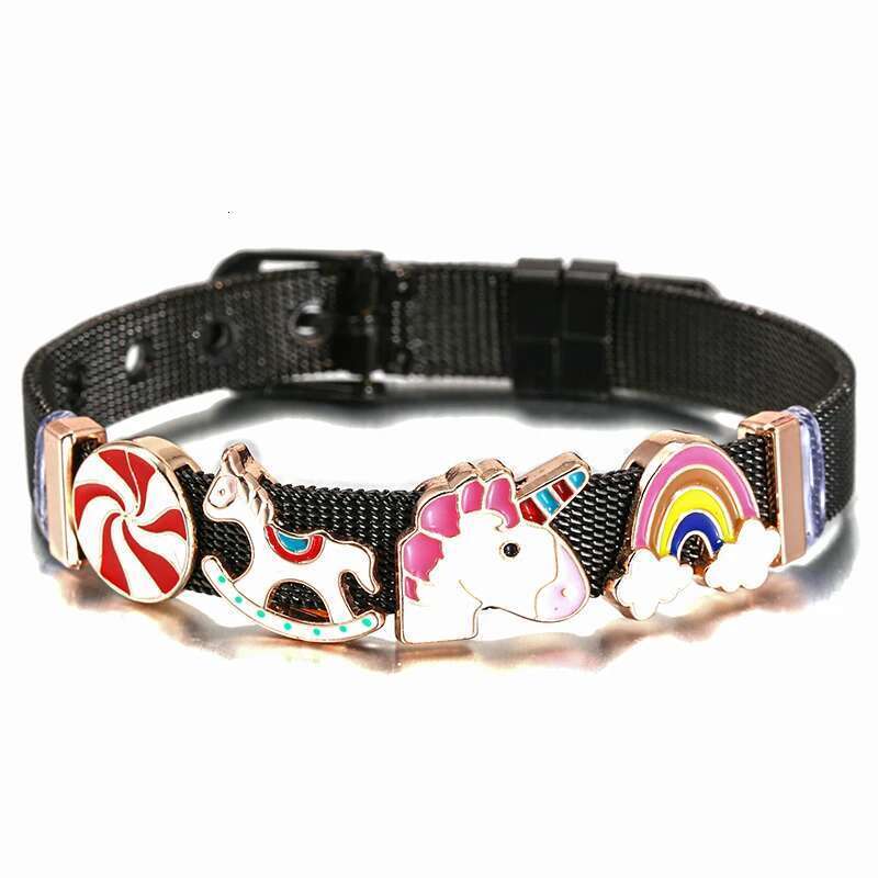 10mm Black Color Unicorn Rainbow Beads Charm Bracelets DIY Mesh Keeper Bracelet Bangle Pulseras Mujer For Women Men Jewelry Gift