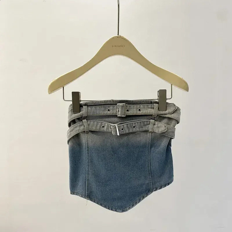 Irregular strapless vest with gradient washed denim top womens summer slim fit simple sexy top 250314
