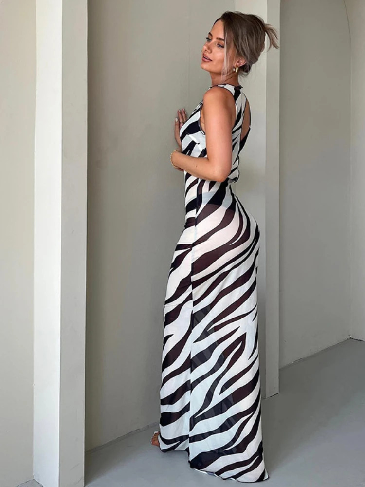 Bodycon Long Dresses For Women Beach Style Backless Vestidos De Mujer Hollow Out Sexy Robe Femme Y2k Clothes Zebra Print 250319