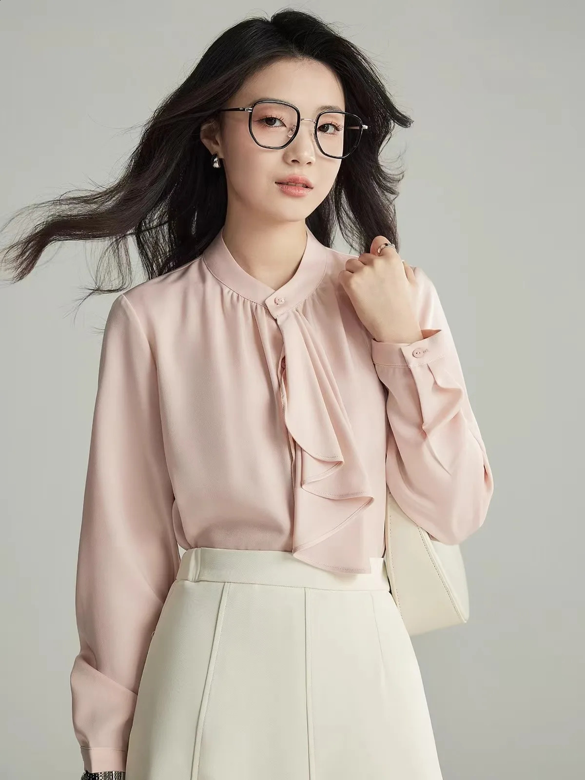 Spring and Autumn Elegant Fashion Scarf Collar Shirt Womens Long Sleeve Warm Solid Color Full Match Top Button 250319