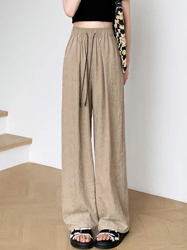 Korean Style Loose Casual Pants Spring and Summer Straight Trousers Simple Comfort Elastic Waist Wide Leg Women 250318