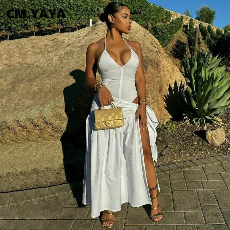 CM.YAYA Elegant Womens Set Sleeveless Strap Bodysuit Long Skirts Set Autumn Tracksuit Sexy Tie Up Two 2 Piece Set Outfits 250319